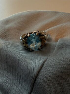 Blue Topaz-Style Silver Ring with Gold Leaf Accents